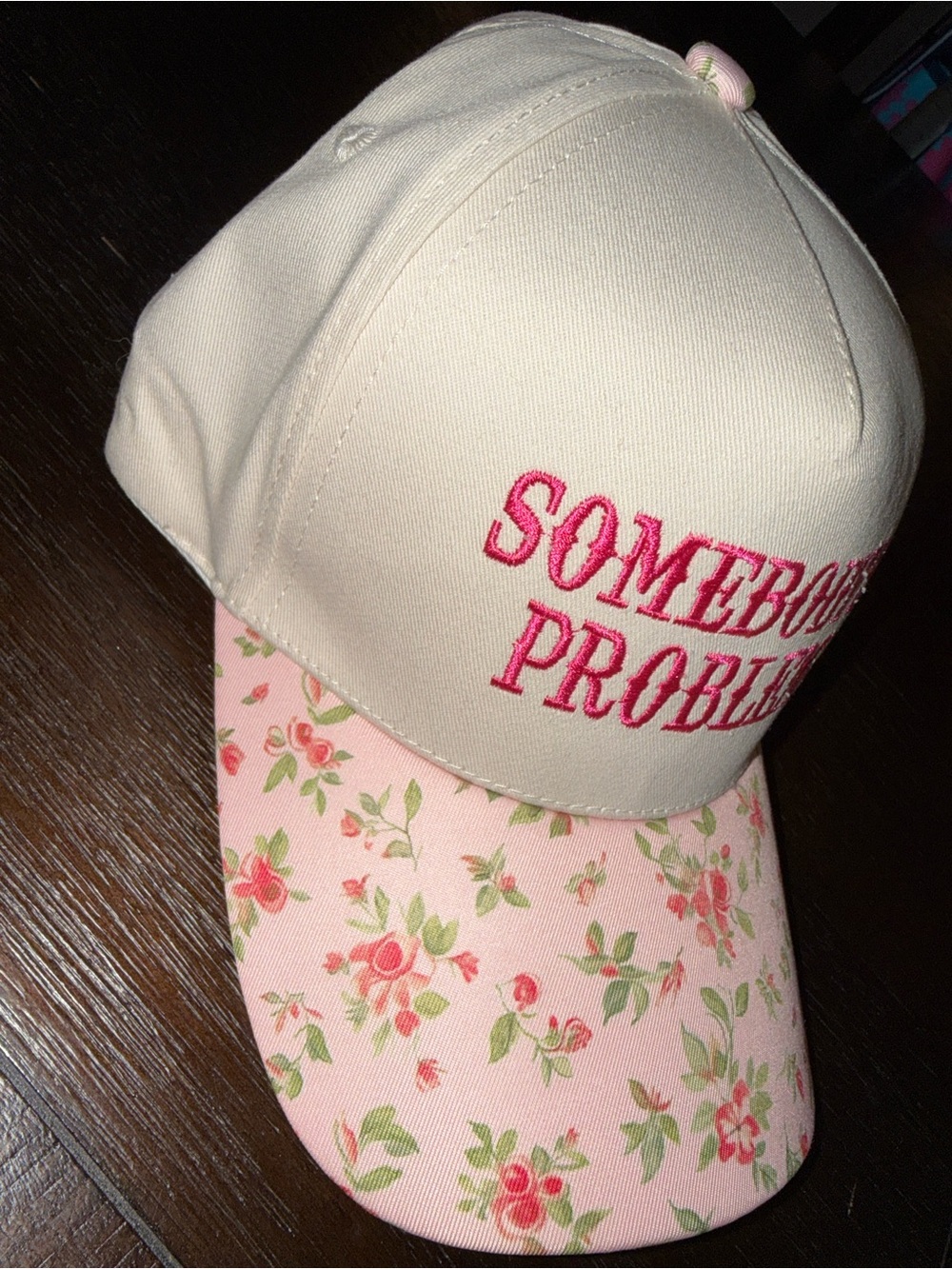 Pink Floral Baseball Cap with Pink Embroidered Slogan